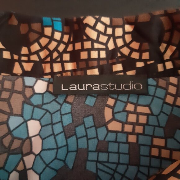 Laura Studio SZ18 Satin Finish Geometric Button Up Women's Shirt, Blues & Browns - Picture 4 of 15